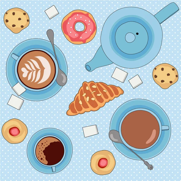 Seamless vector pattern with tea and coffee cups, cookies and pastry — Stock Vector