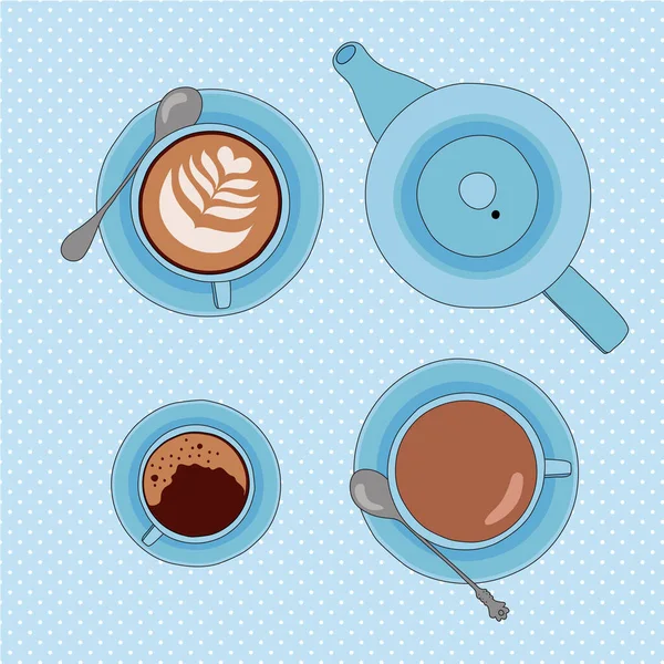 Ilustração vetorial com xícaras de chá e café e panela de chá — Vetor de Stock