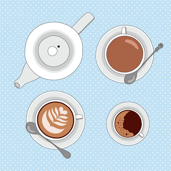 Ilustração vetorial com xícaras de chá e café e panela de chá — Vetor de Stock