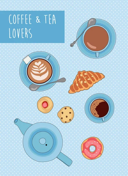 Vector illustration with tea and coffee cups, cookies and pastry — Stock Vector