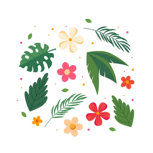 Coleção de flores e folhas de verão. Projeto colorido do verão. Ilustração vetorial em estilo plano — Vetor de Stock