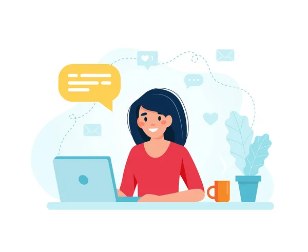 Especialista en marketing online. Personaje femenino trabajando con laptop. Ilustración vectorial en estilo plano — Vector de stock