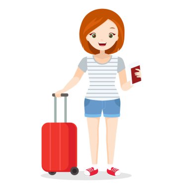 Tatilde bir kız. Tatilde, havaalanında, tramvayı ve pasaportu olan genç bir kadın. Düz biçimdeki sevimli vektör karakteri.