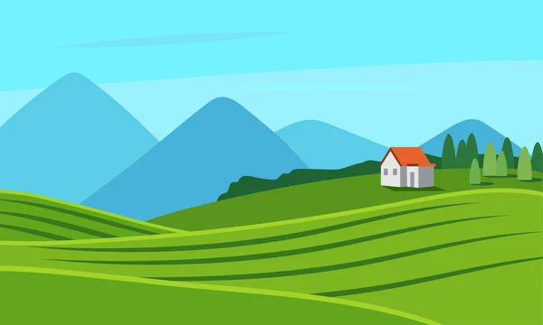 태양의 풍경, 들판, 산, 작은 집 이 있는 시골 풍경. 평평 한 형태의 벡터 삽화 — 스톡 벡터