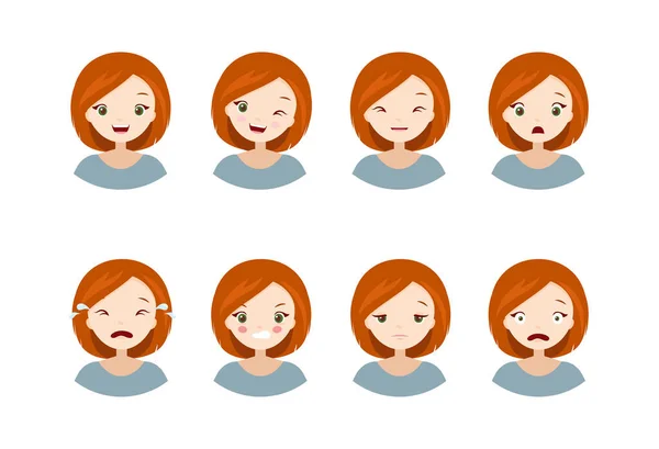Little girl scared face expression, set of cartoon vector