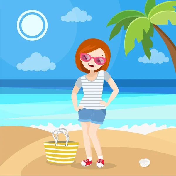 Chica de vacaciones - mujer joven en vacaciones de verano, en la playa con fondo de mar. Lindo carácter vectorial en estilo plano . — Vector de stock