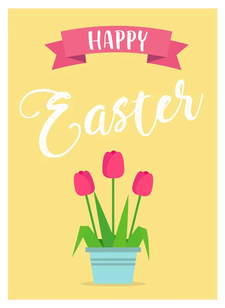 Feliz Pascua - ilustración vectorial en estilo plano con letras y tulipanes en maceta. Tarjeta de felicitación plantilla de diseño — Archivo Imágenes Vectoriales