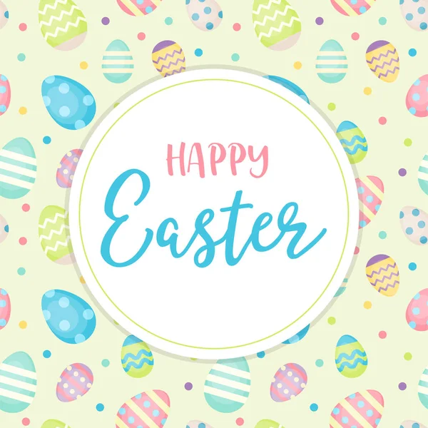 Feliz Pascua - tarjeta de felicitación con letras y huevos de Pascua de fondo. Ilustración vectorial en colores pastel, plantilla de diseño — Vector de stock