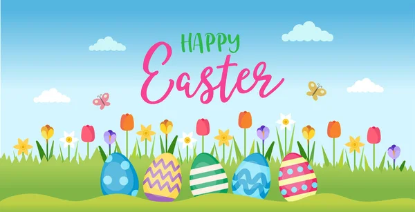 Feliz Pascua - tarjeta de felicitación con letras y paisaje de primavera con flores y huevos de Pascua. plantilla de diseño de ilustración vectorial — Vector de stock