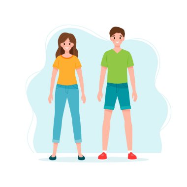 Erkek ve kadın trend karakterler. Düz biçimli renkli vektör illüstrasyonu