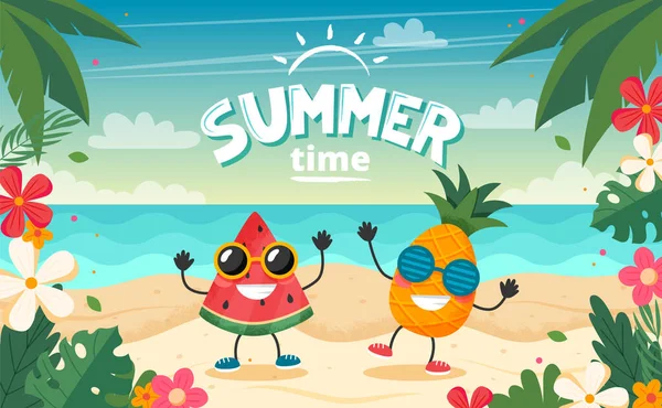 과일 캐릭터, 해변 풍경, 글자, 꽃 틀이 있는 여름 카드. 평평 한 형태의 벡터 삽화 — 스톡 벡터