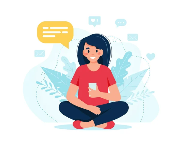 Joven mujer feliz usando smartphone Ilustración vectorial en estilo plano — Vector de stock