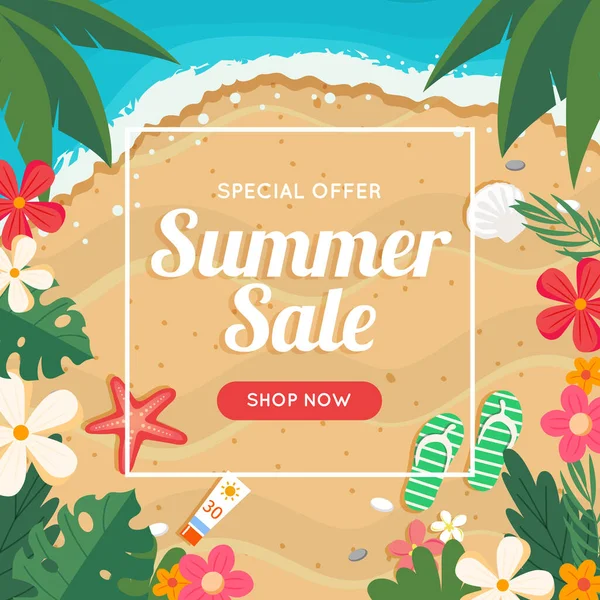 Banner de venta de verano con playa y mar, marco floral. Ilustración vectorial en estilo plano — Archivo Imágenes Vectoriales