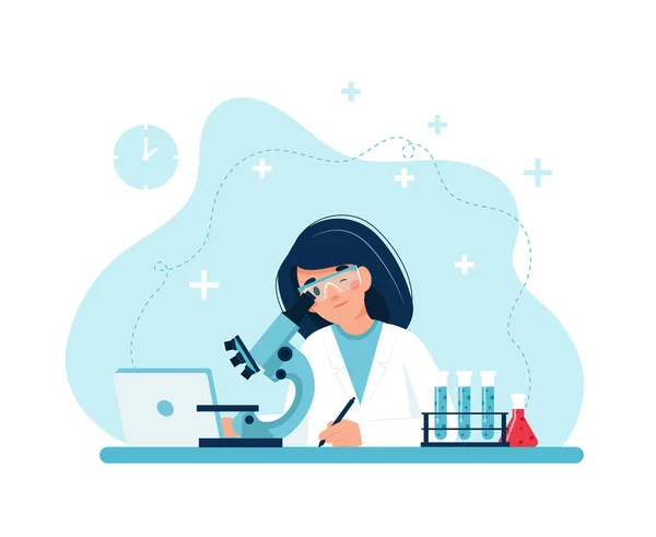 Wissenschaftlerin bei der Arbeit, weiblicher Charakter bei Experimenten mit dem Mikroskop. Vektorillustration im flachen Stil — Stockvektor