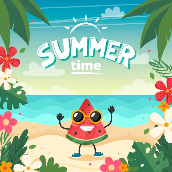 수박 캐릭터, 해변 풍경, 글자와 꽃무늬가 있는 서머 타임 카드. 평평 한 형태의 벡터 삽화 — 스톡 벡터