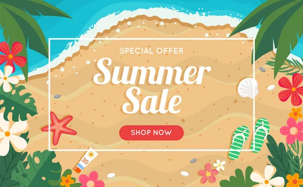 Summer sale banner with beach and sea, floral frame. Vector illustration in flat style — Stock Vector