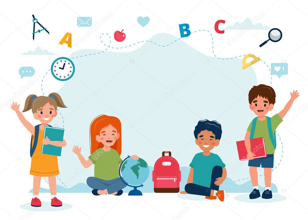 Happy children in class, back to school concept, cute characters. Vector illustration in flat style