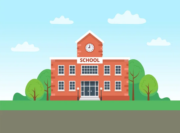 Edifício escolar com paisagem. Ilustração vetorial em estilo plano —  Vetores de Stock