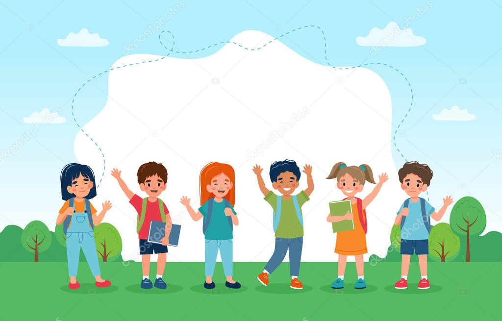 Children back to school, set of cute characters and copy space. Vector illustration in flat style