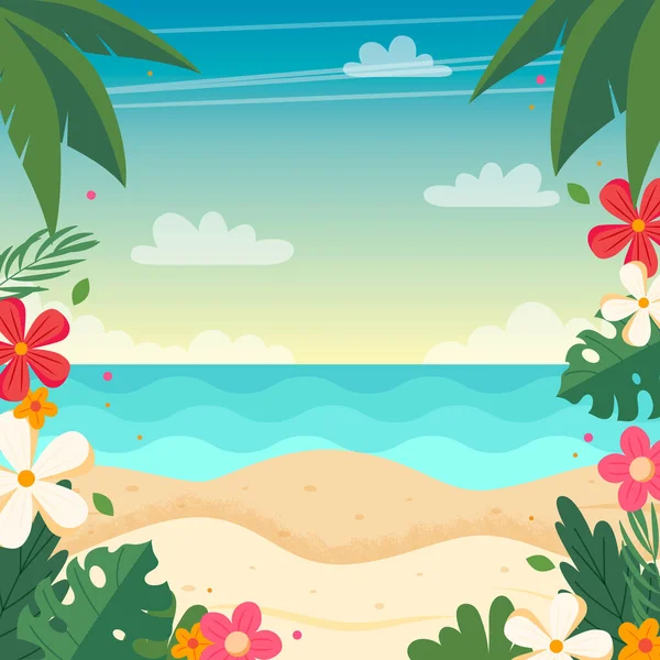 Verão paisagem de praia com moldura floral. Ilustração vetorial em estilo plano —  Vetores de Stock