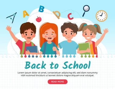 Okul konseptine dönelim, sevimli karakterler. Düz biçimli vektör illüstrasyonu