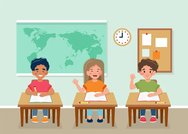 Szczęśliwe dzieci siedzące w klasie przy biurkach, mapujące do tyłu, wracając do koncepcji szkoły. Ilustracja wektora w stylu płaskim — Wektor stockowy