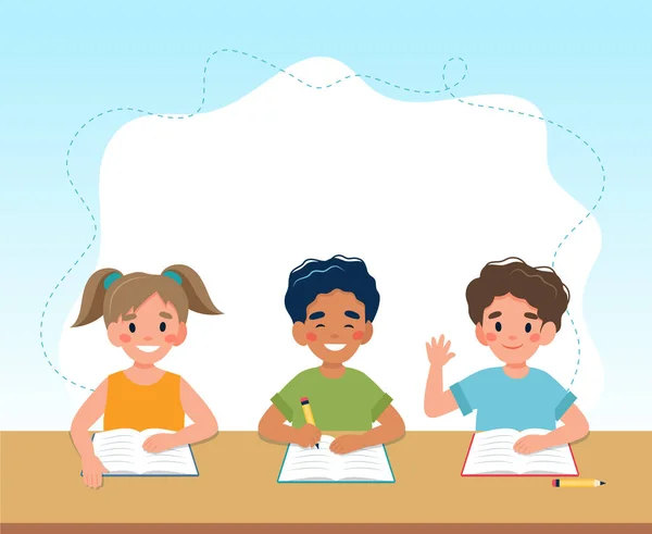 Niños en clase leyendo y escribiendo, de vuelta al concepto escolar. Ilustración vectorial en estilo plano — Archivo Imágenes Vectoriales