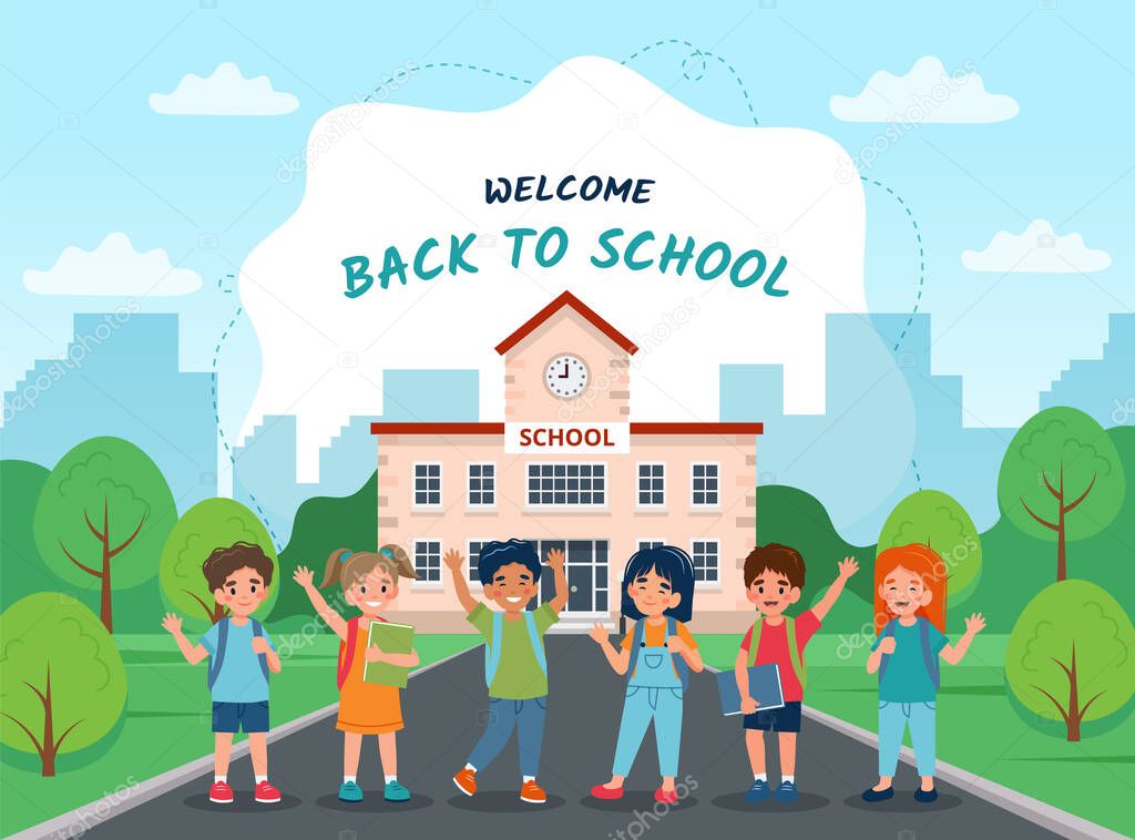 Children walking to school, cute colorful characters. Vector illustration in flat style