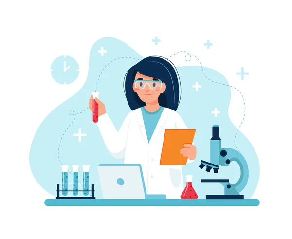 Wissenschaftlerin bei der Arbeit, weiblicher Charakter bei Experimenten im Labor. Vektorillustration im flachen Stil — Stockvektor