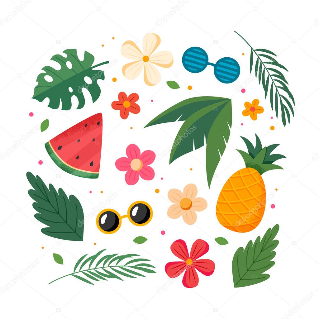 Summer fruits, leaves and flowers, elements collection. Vector illustration in flat style