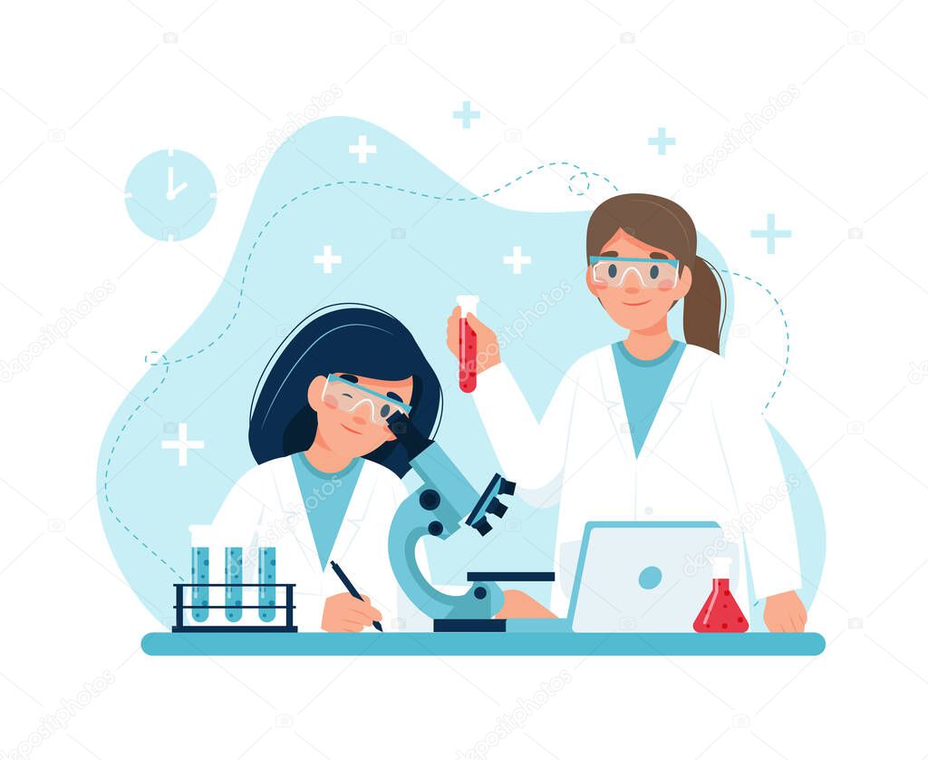 Scientist at work, characters conducting experiments in lab. Vector illustration in flat style