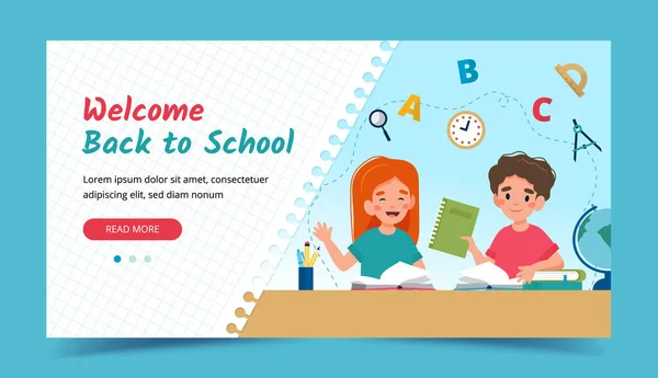 Bambini in classe, torniamo al concetto di scuola. Modello banner o pagina di destinazione. Illustrazione vettoriale in stile piatto — Vettoriale Stock