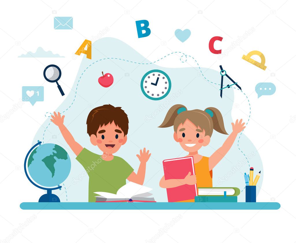 Children in class reading, back to school concept, cute characters. Vector illustration in flat style