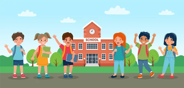 Gyerekek sétálnak az iskolába, aranyos színes karakterek. Vektor illusztráció lapos stílusban — Stock Vector