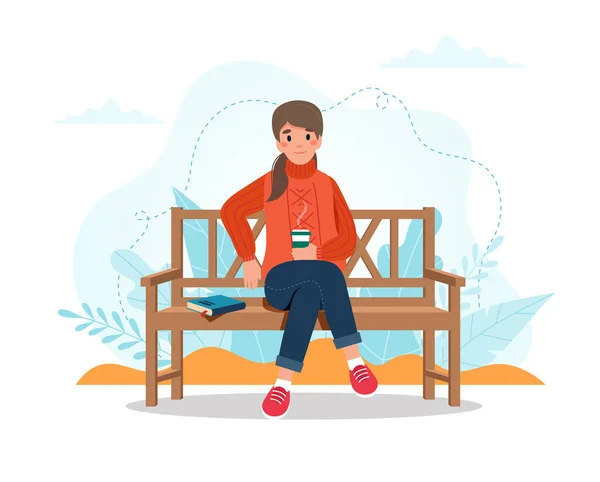 Γυναίκα το φθινόπωρο, κάθεται σε ένα παγκάκι με ένα φλιτζάνι καφέ. διανυσματική απεικόνιση σε επίπεδο στυλ — Διανυσματικό Αρχείο