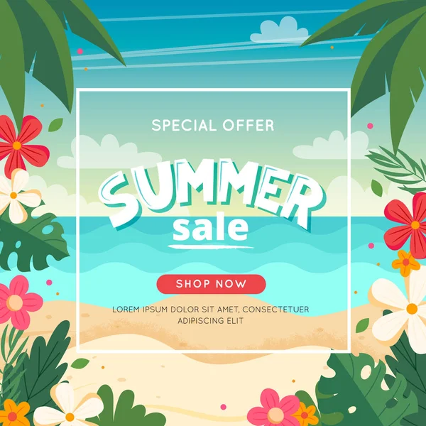 Summer sale banner with beach landscape, lettering and floral frame. Vector illustration in flat style — Stock Vector