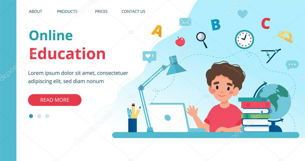 Online learning template with boy studying with computer. Vector illustration in flat style