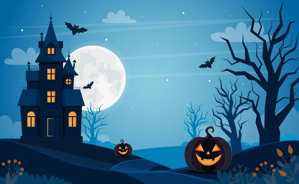 Хэллоуин фон с домом с привидениями, полная луна, тыквы и деревья — стоковый вектор