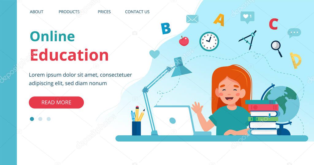 Online learning template with girl studying with computer. Vector illustration in flat style