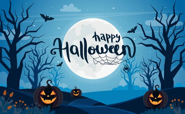 Halloween achtergrond met volle maan, pompoenen en belettering — Stockvector