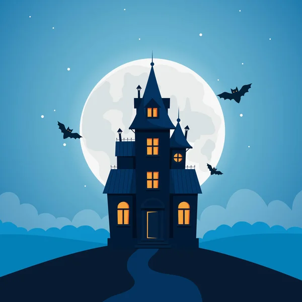 Fondo de Halloween con casa embrujada, luna llena, calabazas y árboles — Vector de stock