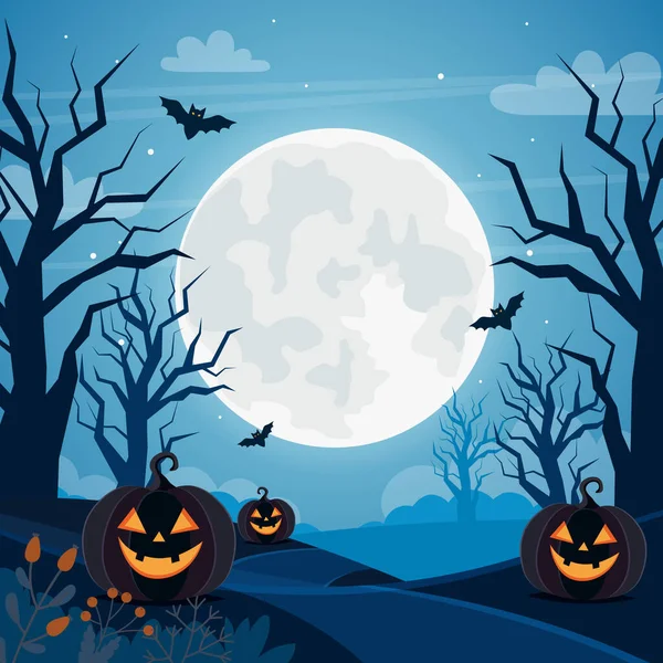 Fondo de Halloween con luna llena, calabazas y árboles — Vector de stock