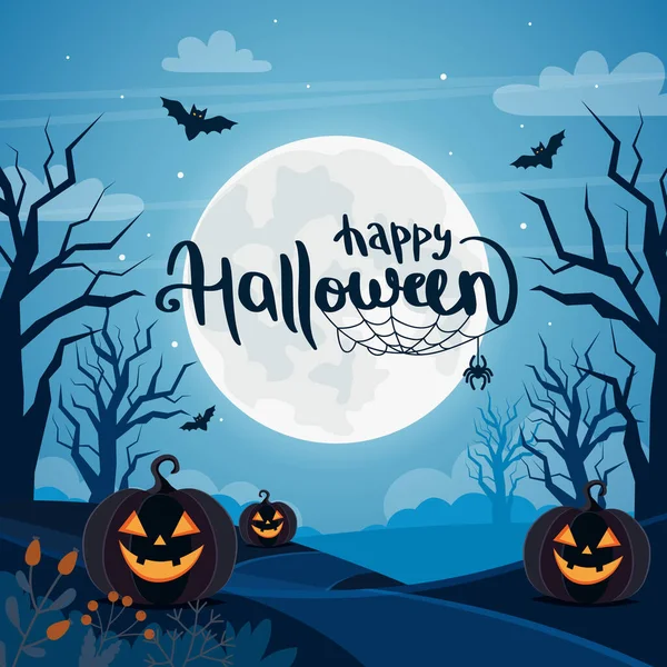 Halloween achtergrond met volle maan, pompoenen en belettering — Stockvector