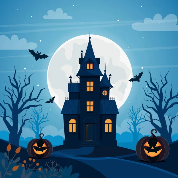 Fondo de Halloween con casa embrujada, luna llena, calabazas y árboles — Vector de stock