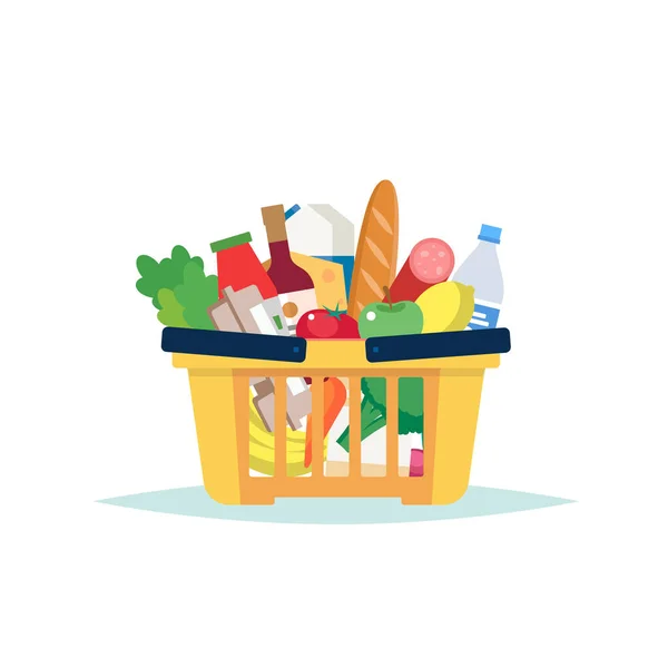 Supermarket grocery basket full of different groceries — Stock Vector