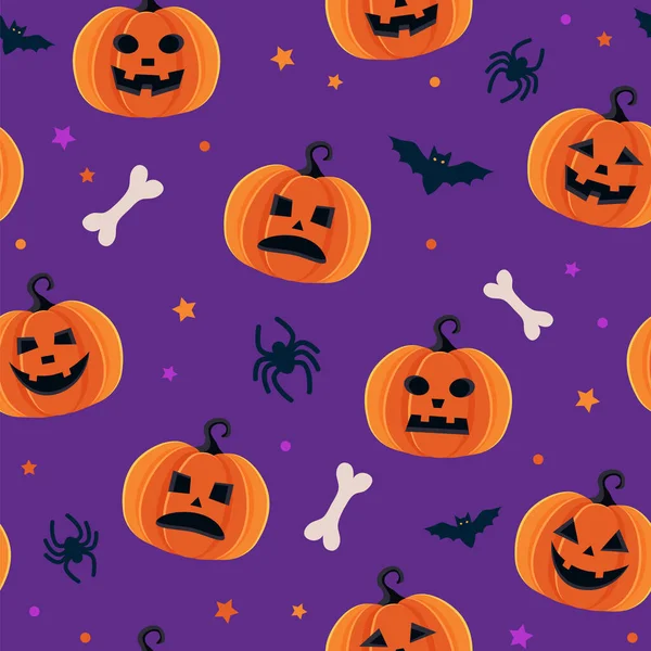 Halloween vzor s různými dýně, strašidelný jack o lucerny, pavouci a netopýři — Stockový vektor
