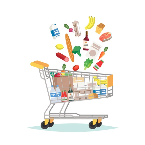 Nákupní košík v supermarketu s různými potravinami — Stockový vektor