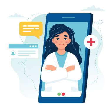 Çevrimiçi doktor randevusu. Akıllı telefon ekranında kadın doktor var. Düz biçimli illüstrasyon
