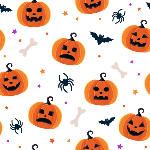 Patrón de Halloween con diferentes calabazas, gato espeluznante o linterna, arañas y murciélagos — Vector de stock
