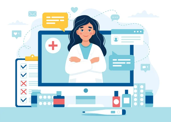 Онлайн визит к врачу. Женщина-врач на экране компьютера. иллюстрация в плоском стиле — стоковое фото